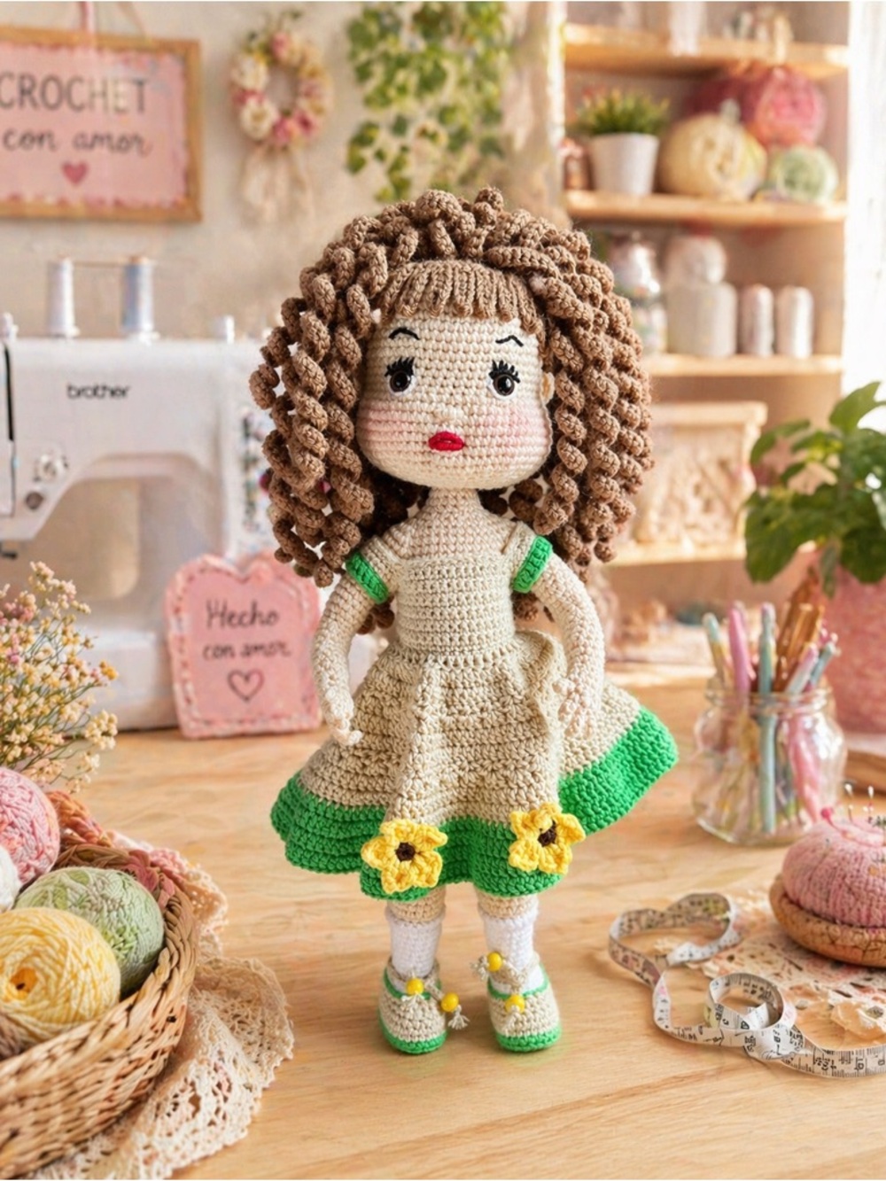Handmade Crochet Doll in Beige and Green with Brown Curly Hair